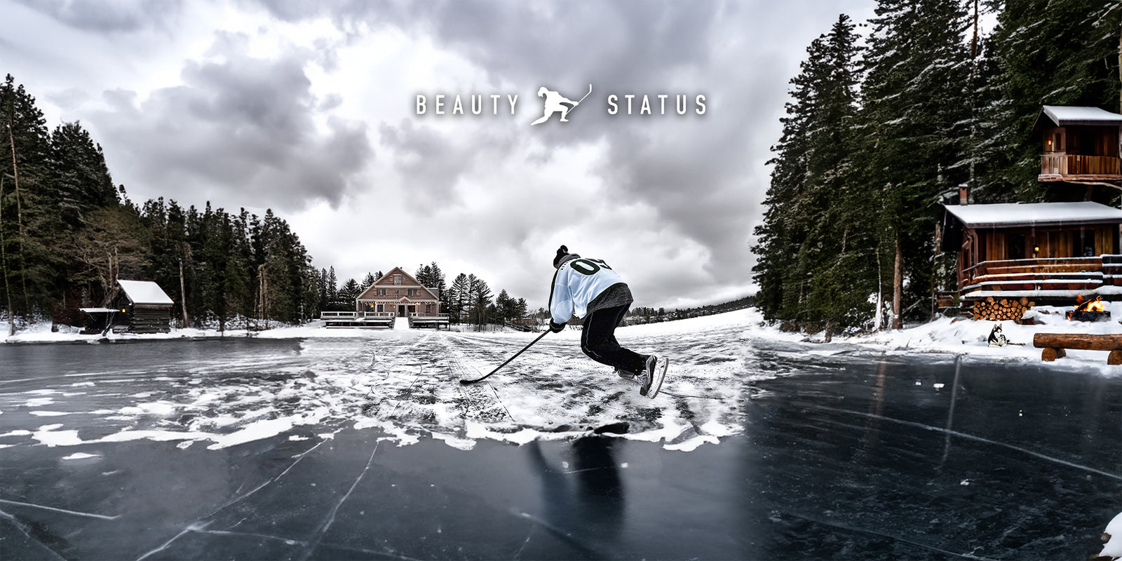 A skater on a frozen lake in front of a cabin, from the Beauty Status Hockey Co. website